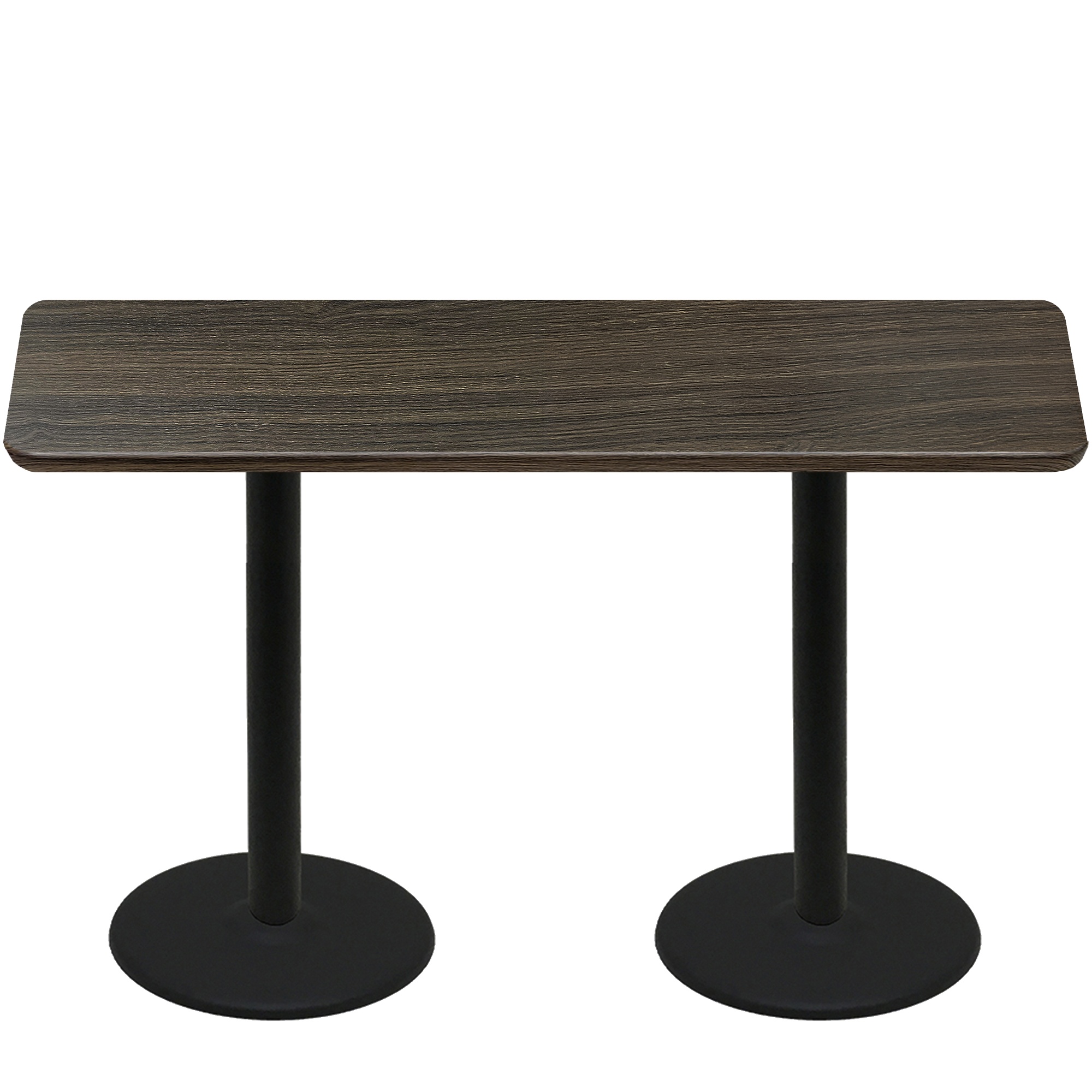 30" x 72" Thermoform Dark Walnut Quick Ship Table + (2) Black Counter Height 22" Disc Bases