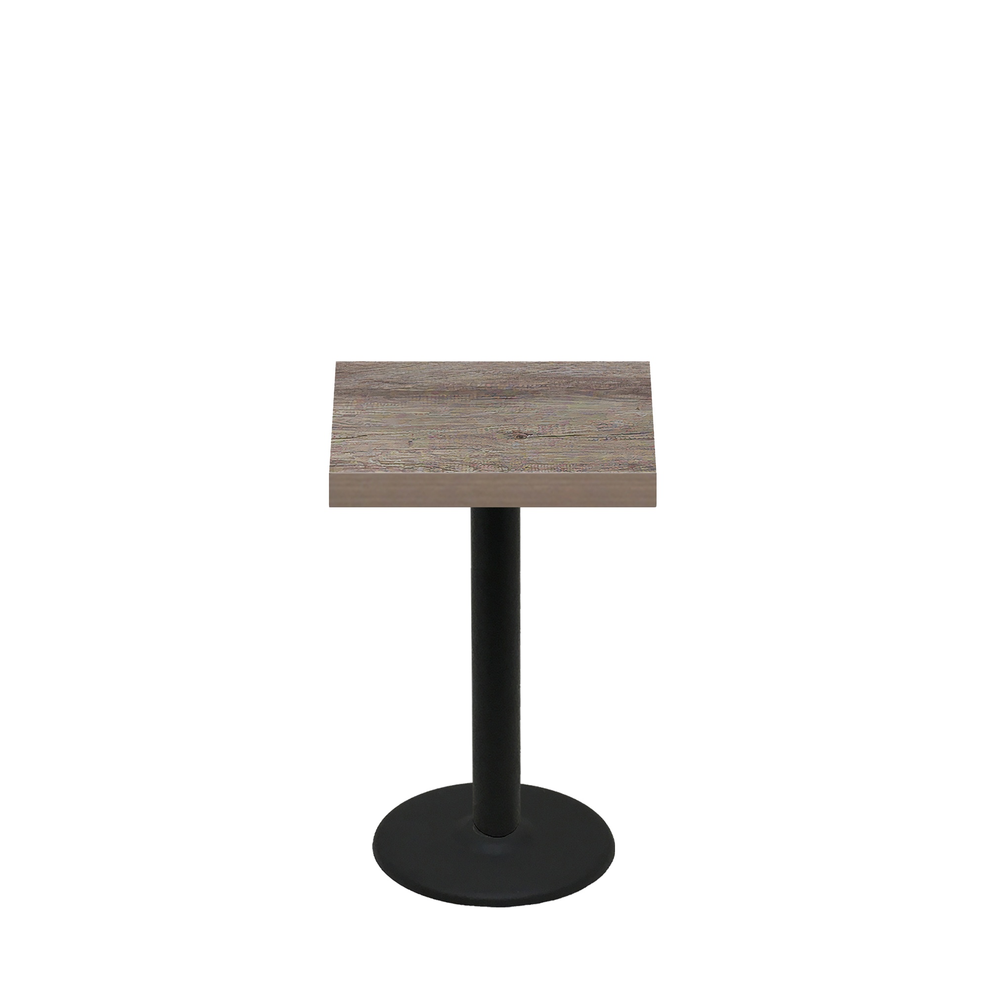 24" x 24" Urban Weathered Barnwood Quick Ship Table + Black Standard Height 18" Disc Base