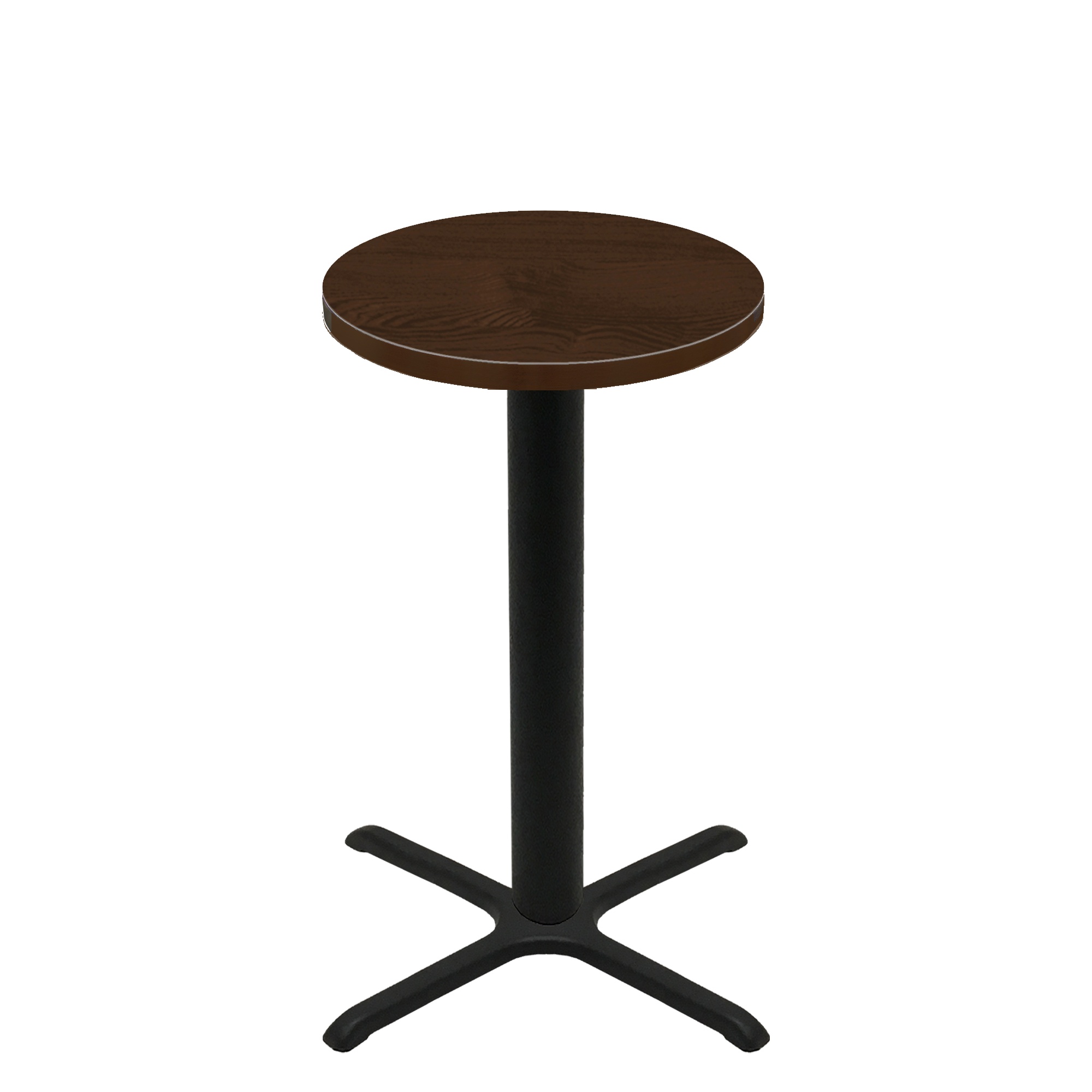 30" Round Woodland Dark Walnut Stain Quick Ship Table + Black Bar Height 30" x 30" Cross Base