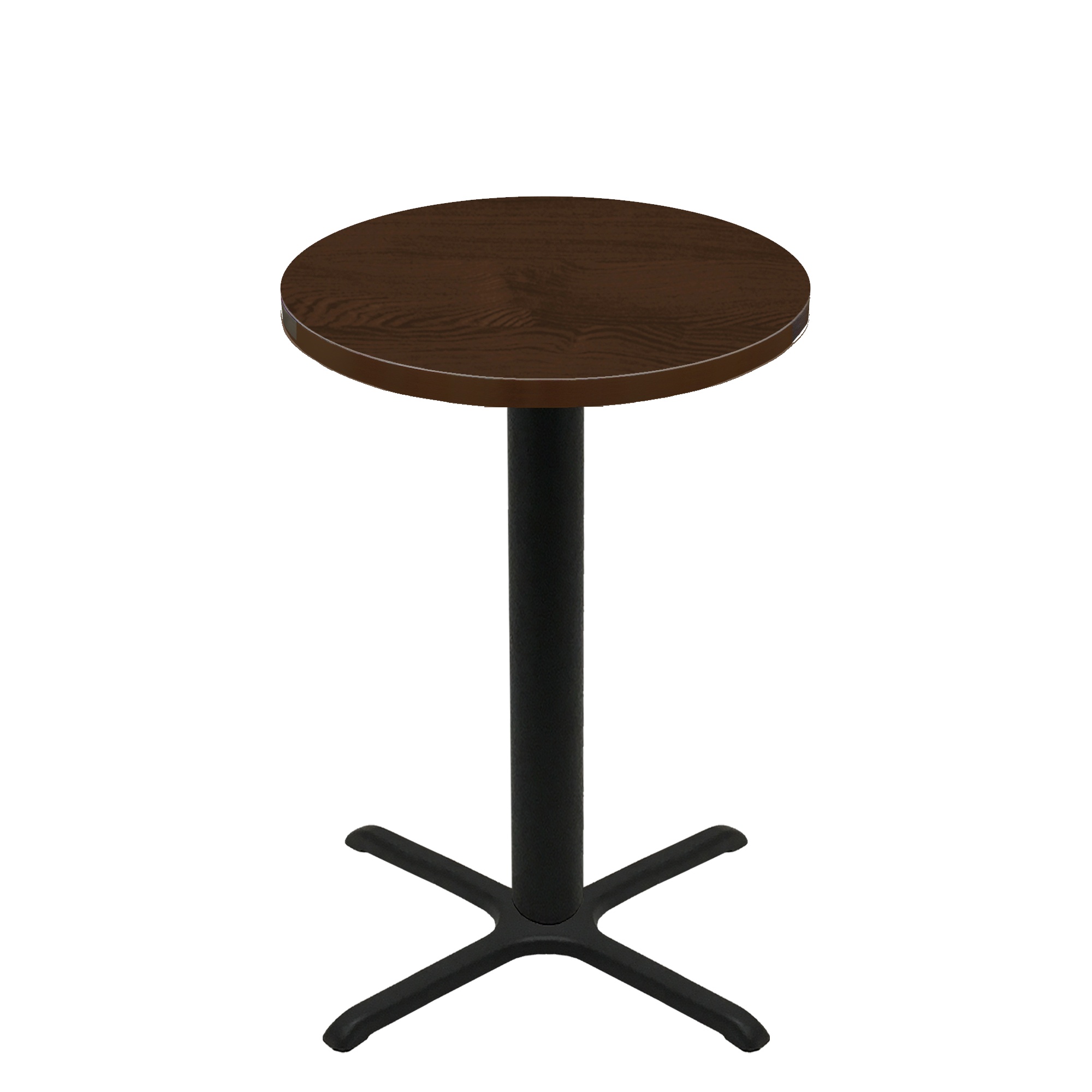 36" Round Woodland Dark Walnut Stain Quick Ship Table + Black Bar Height 30" x 30" Cross Base