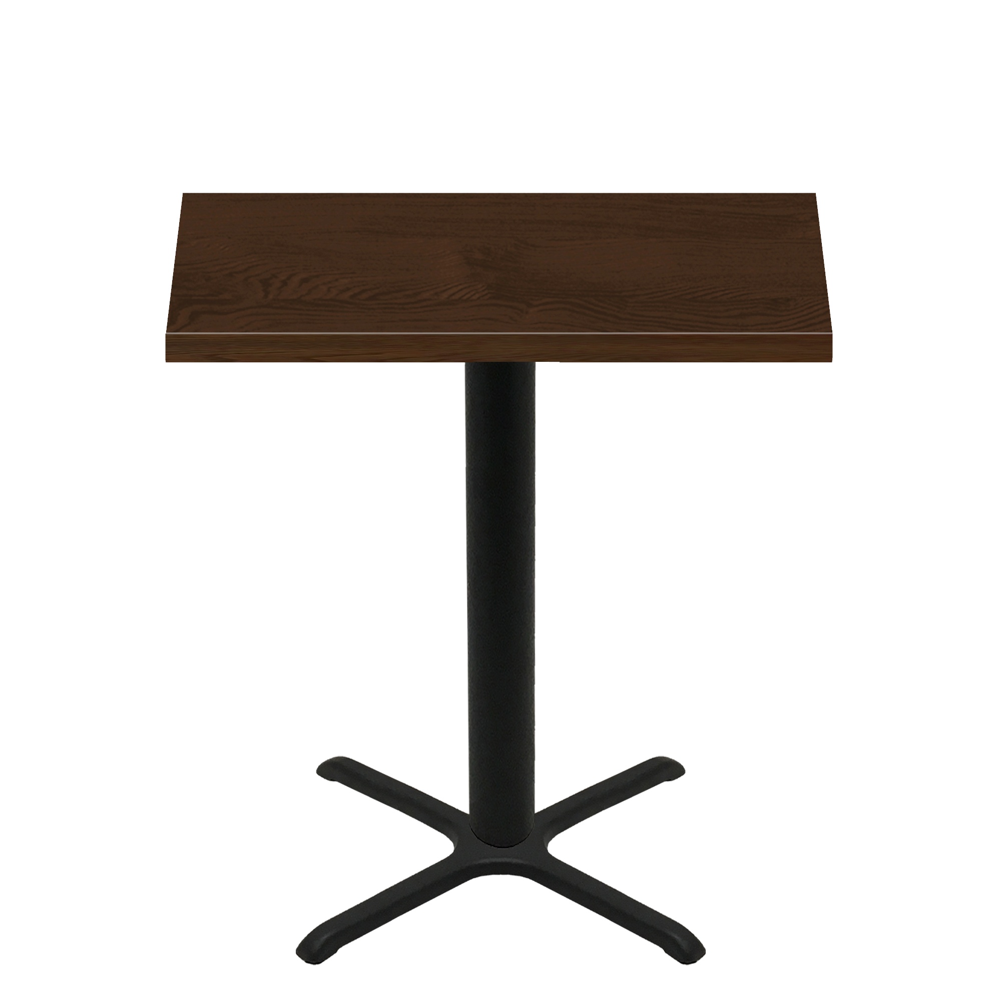 30" x 48" Woodland Dark Walnut Stain Quick Ship Table + Black Bar Height 30" x 30" Cross Base