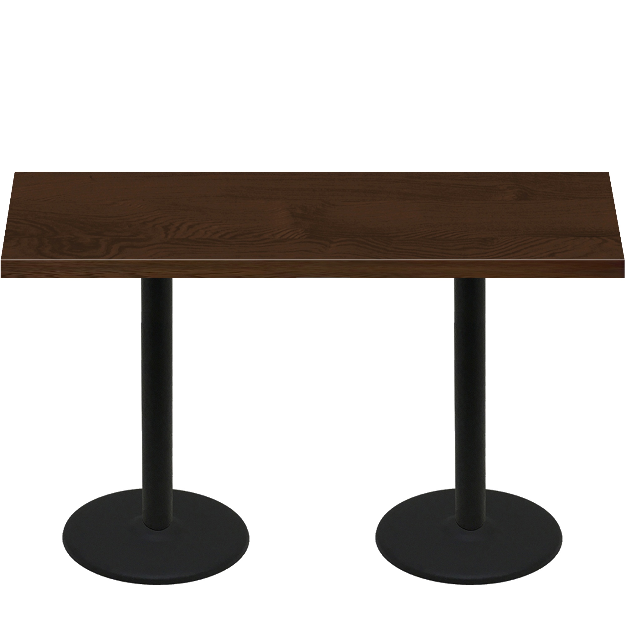 30" x 72" Woodland Dark Walnut Stain Quick Ship Table + (2) Black Counter Height 22" Disc Bases