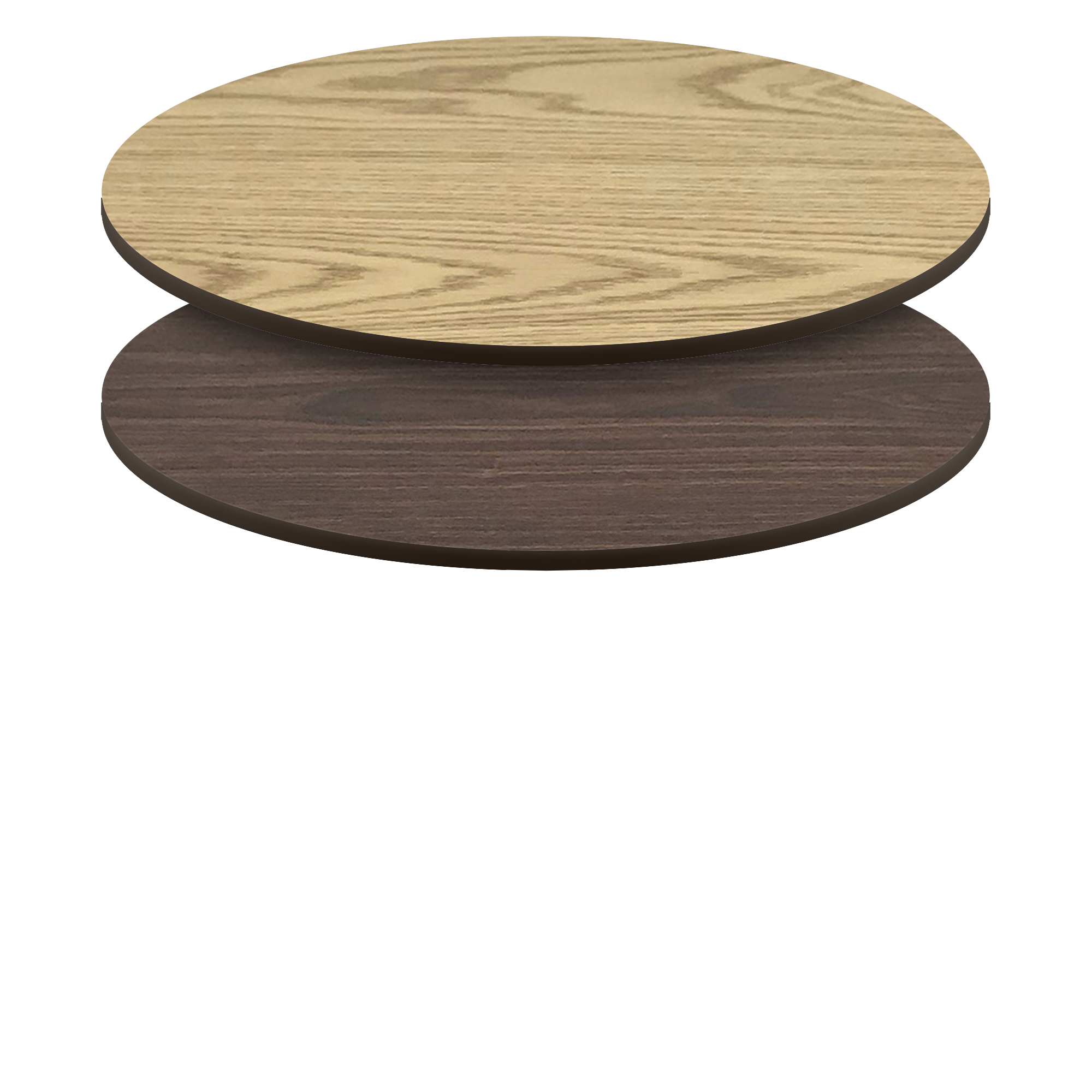 Two-Sided Quick Ship Table Tops - Oak/Walnut Laminate - Brown T-Mold - 60" Round - both sides