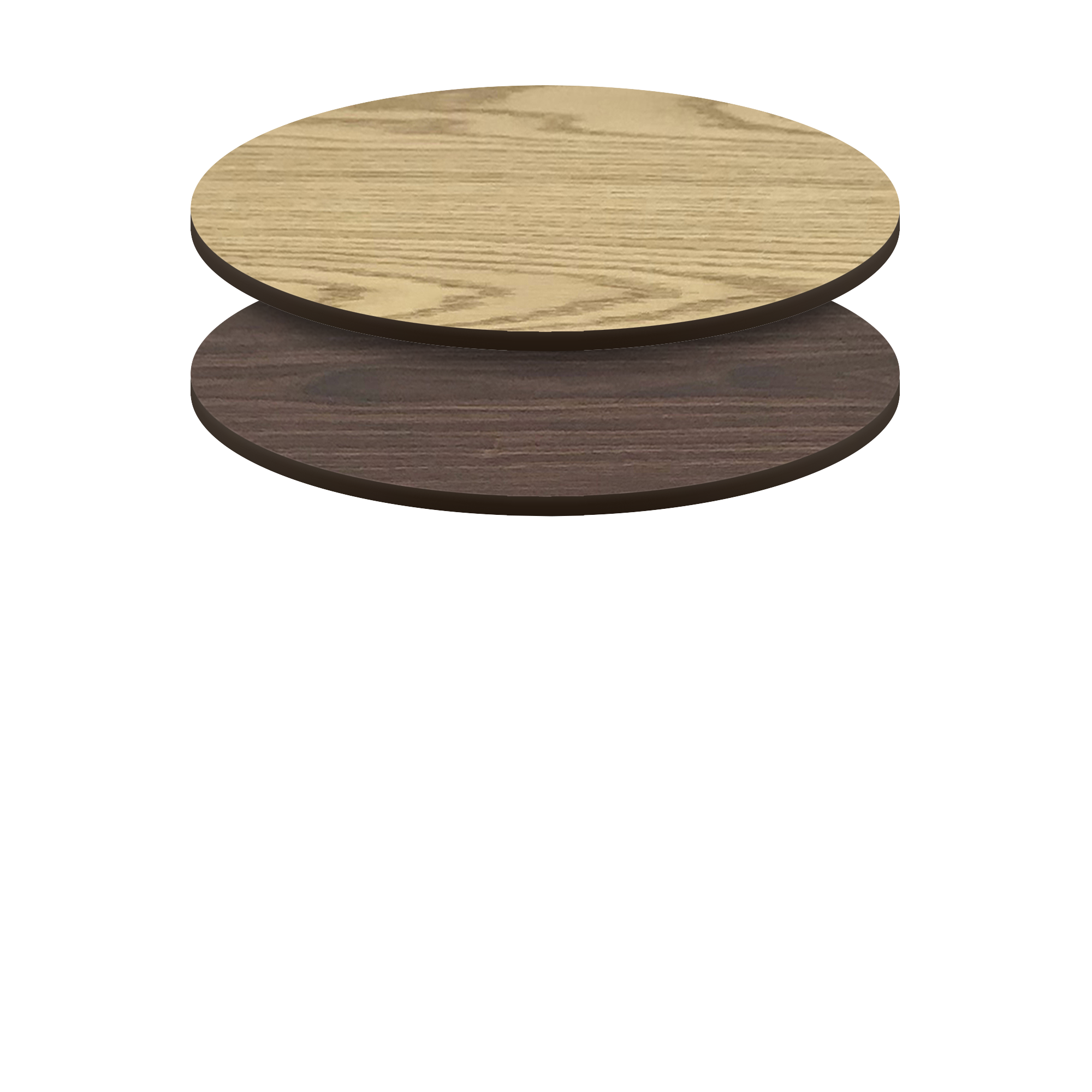 Two-Sided Quick Ship Table Tops - Oak/Walnut Laminate - Brown T-Mold - 48" Round - both sides