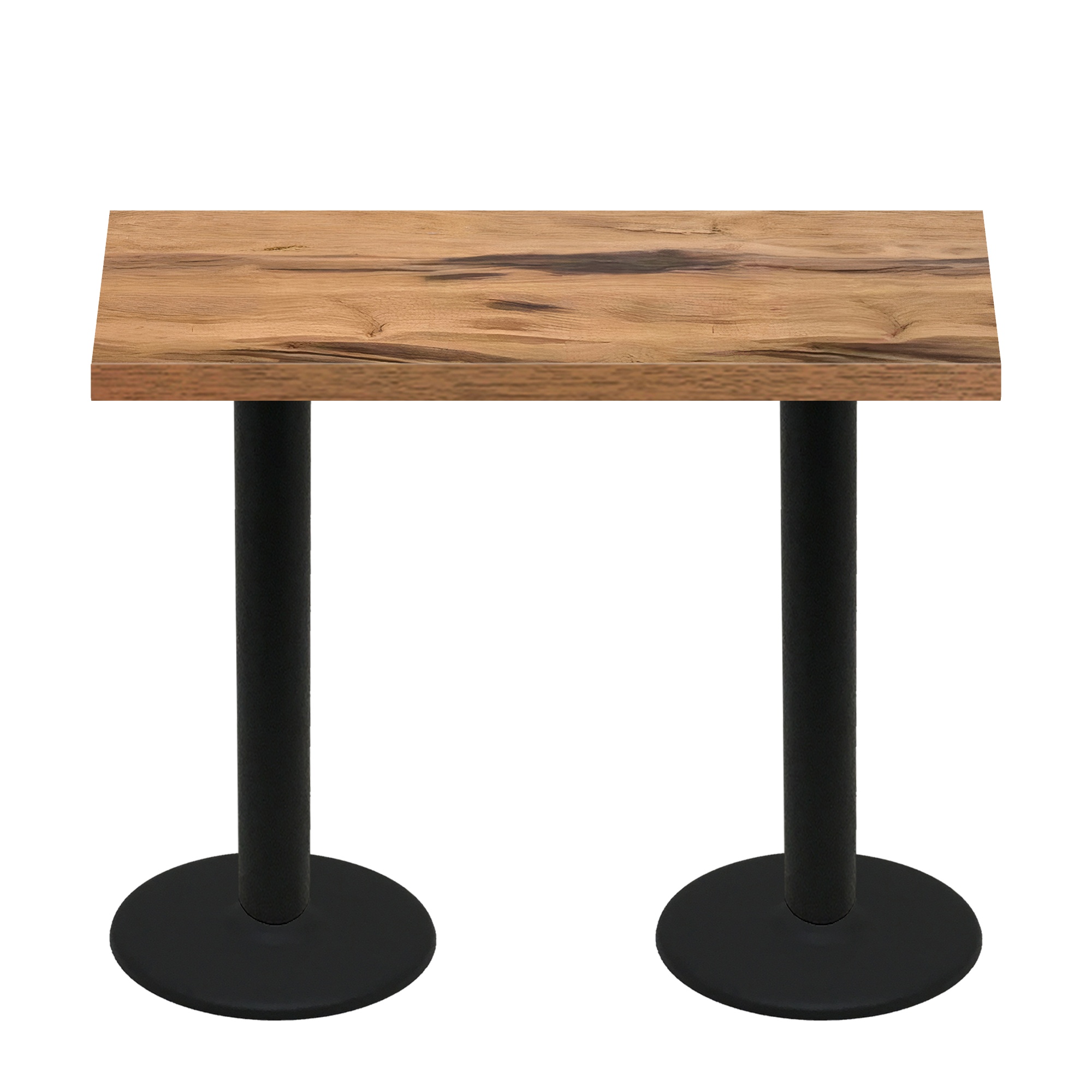 30" x 60" Urban Natural Heartwood Quick Ship Table + (2) Black Bar Height 22" Disc Bases