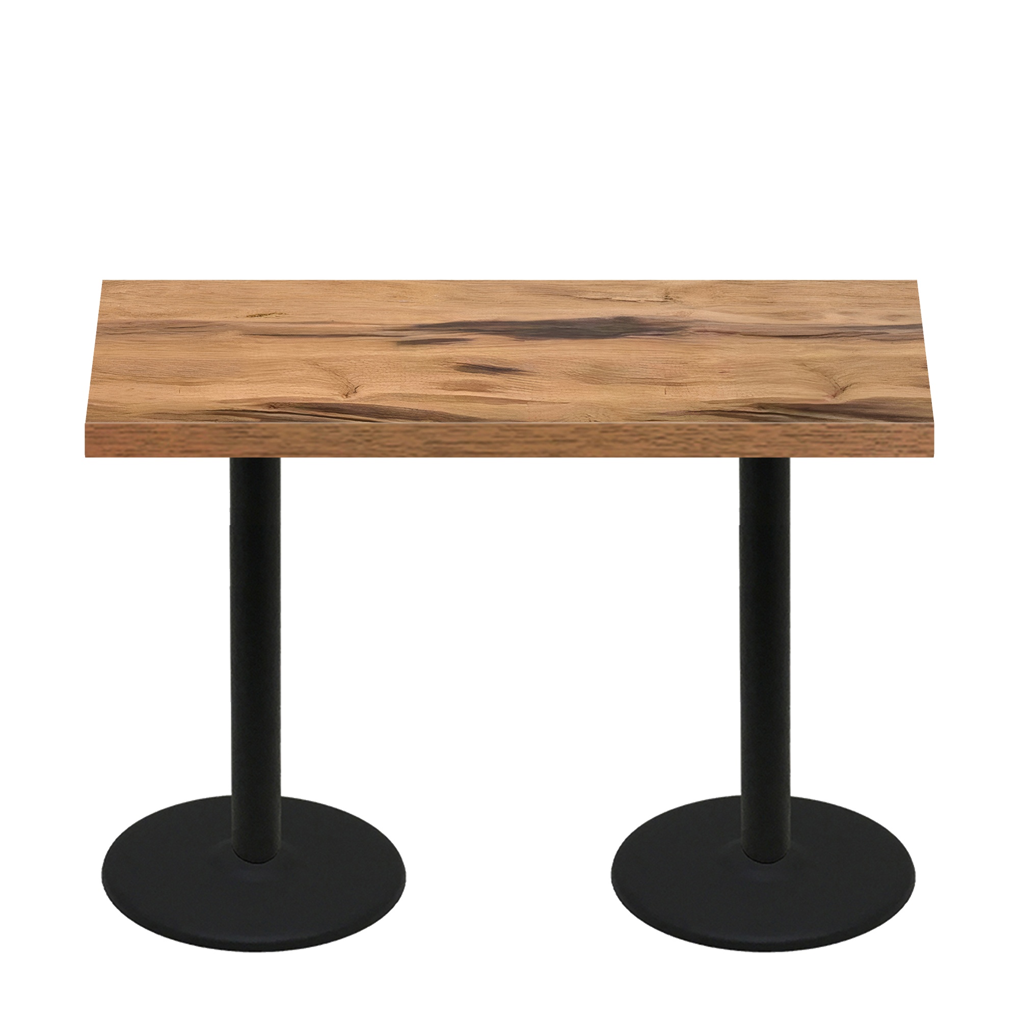 30″ x 60″ Urban Natural Heartwood Quick Ship Table + (2) Black Counter Height 22″ Disc Bases